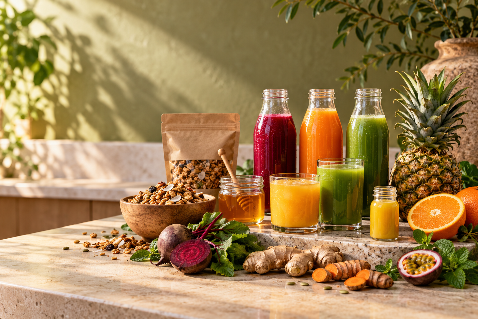 Fresh juices, wellness shots, honey, granola and whole fruit arranged on a sunlit counter